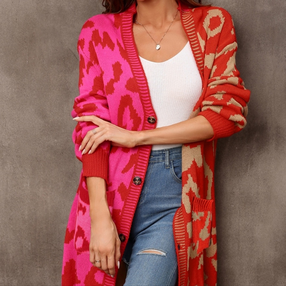 Red Leopard Button Down Cardigan - Picture 4 of 8